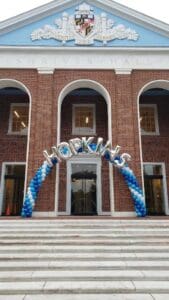 Large school spiral balloon arch