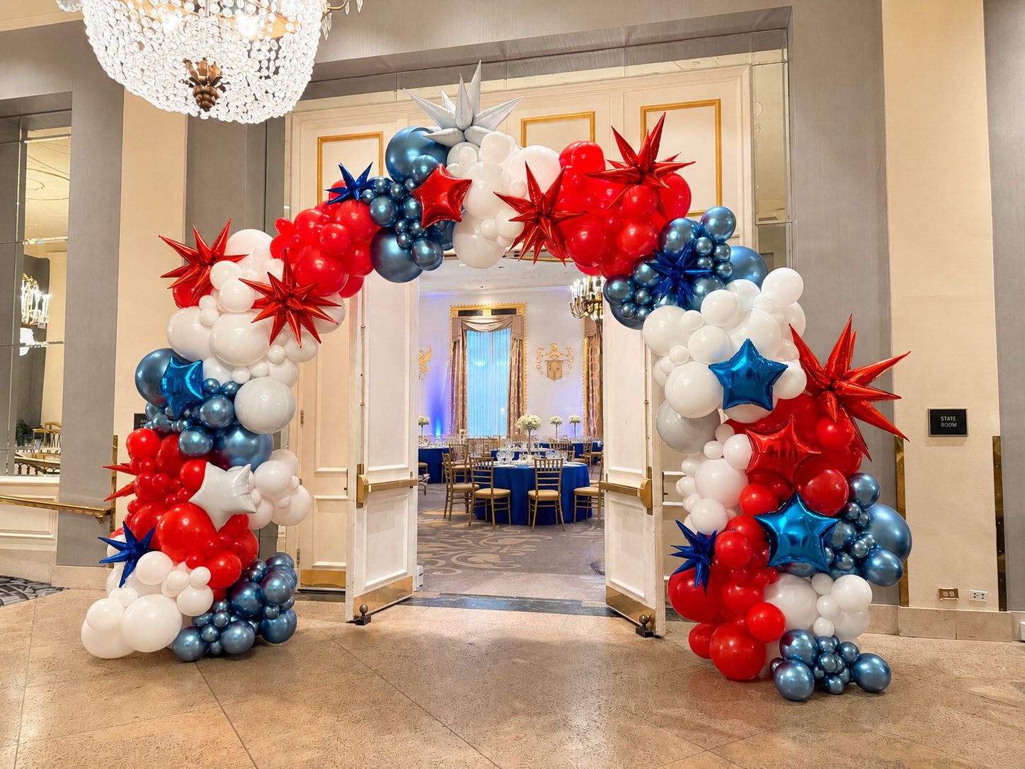 Patriotic entrance balloon arch