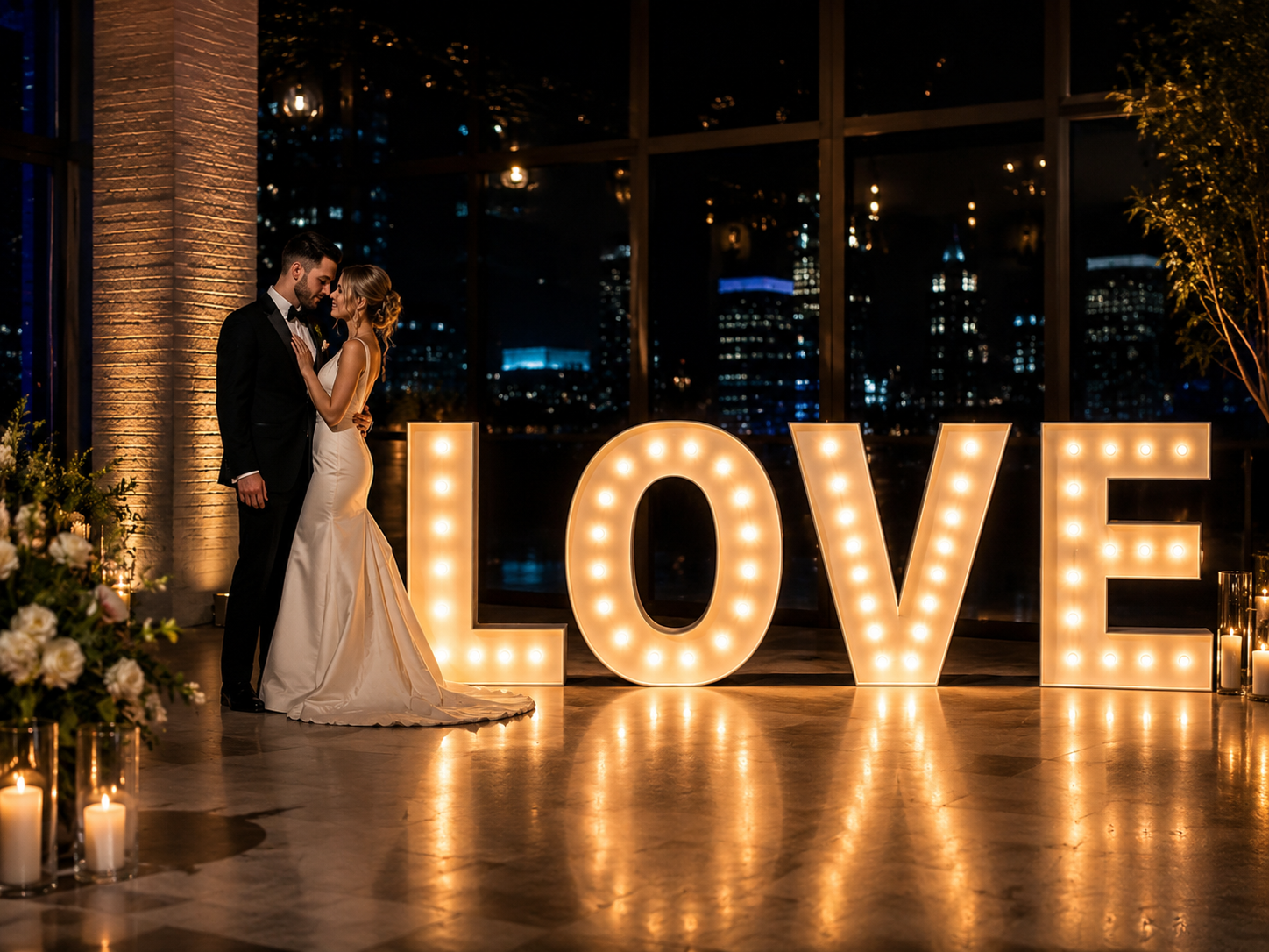 Vintage white bulb marquee letters spelling LOVE at a wedding