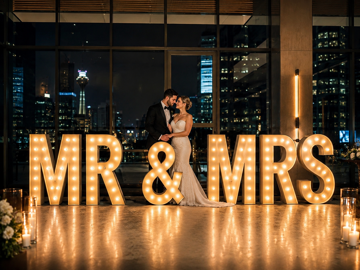 4 foot vintage white bulb marquee letters spelling MR and MRS at a wedding